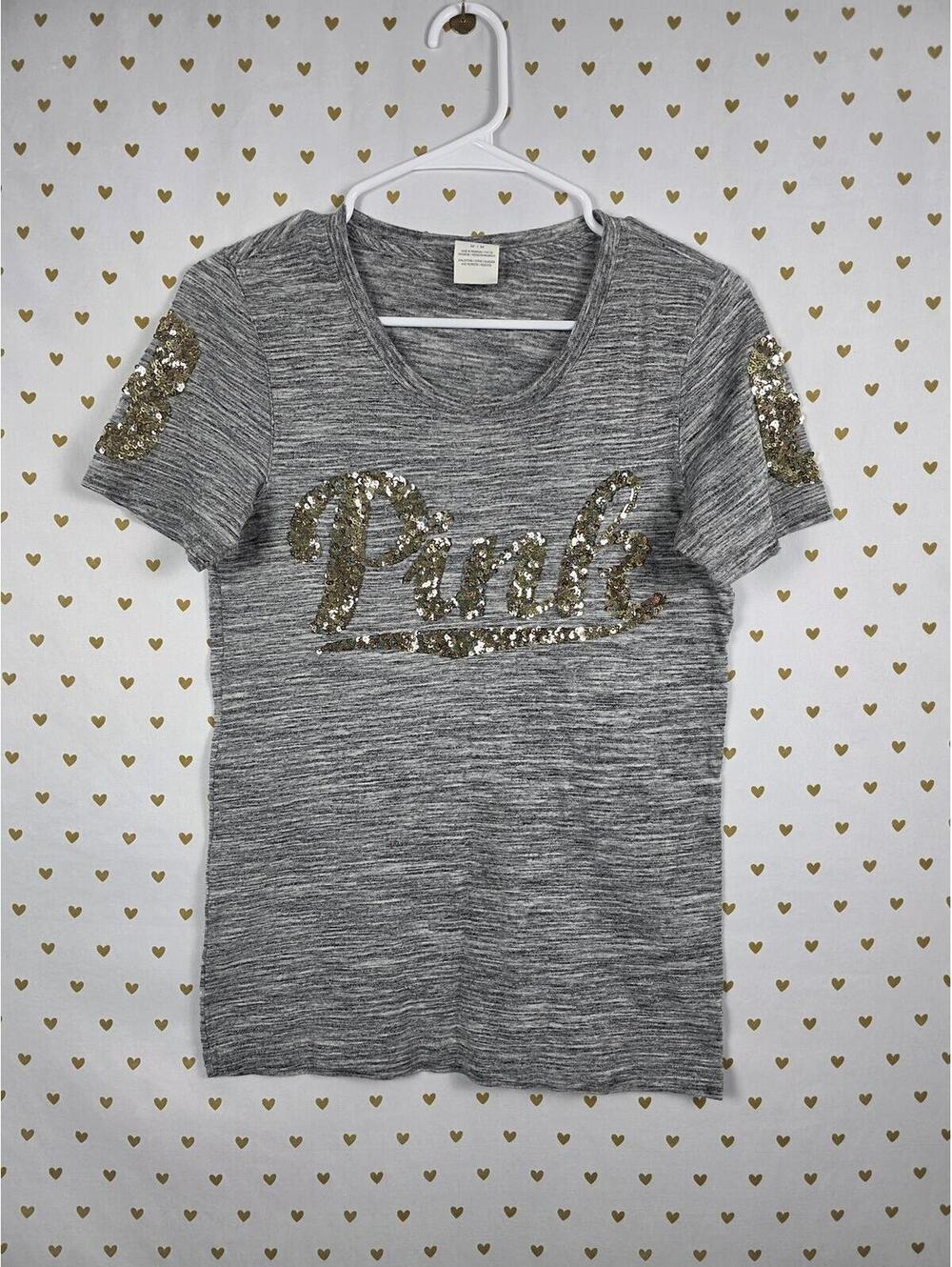 Victorias Secret PINK Grey BLING gold sequined tee shirt 86 Logo MEDIUM